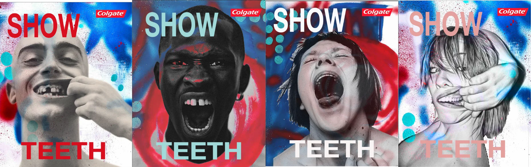 Colgate 'Show Teeth' campaign overview — spray-painted posters, OOH placements, packaging, and the in-mall Smile Collection activation