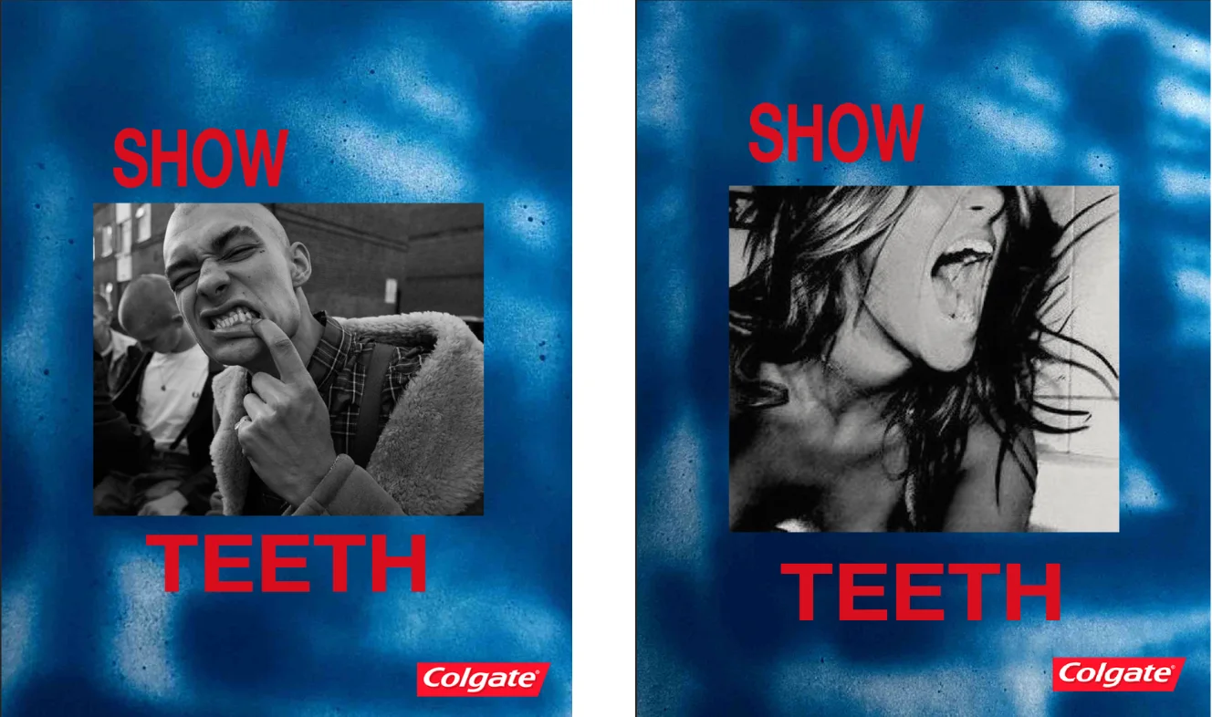 Two 'Show Teeth' posters on a textured blue ground — unfiltered black-and-white portraits framed by red type