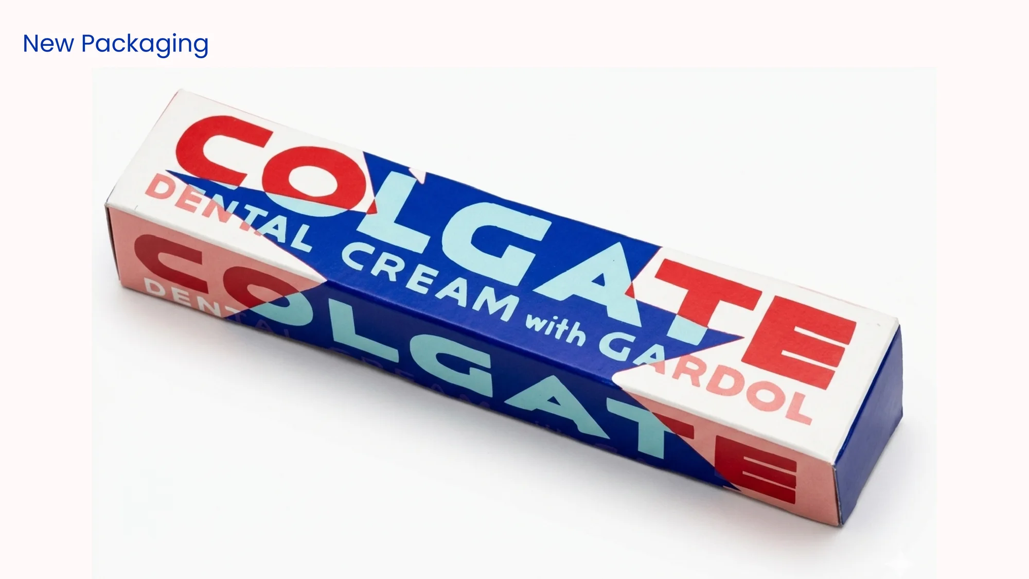 New Colgate packaging — oversized red and blue 'COLGATE' typography wrapping a retro 'Dental Cream with Gardol' carton