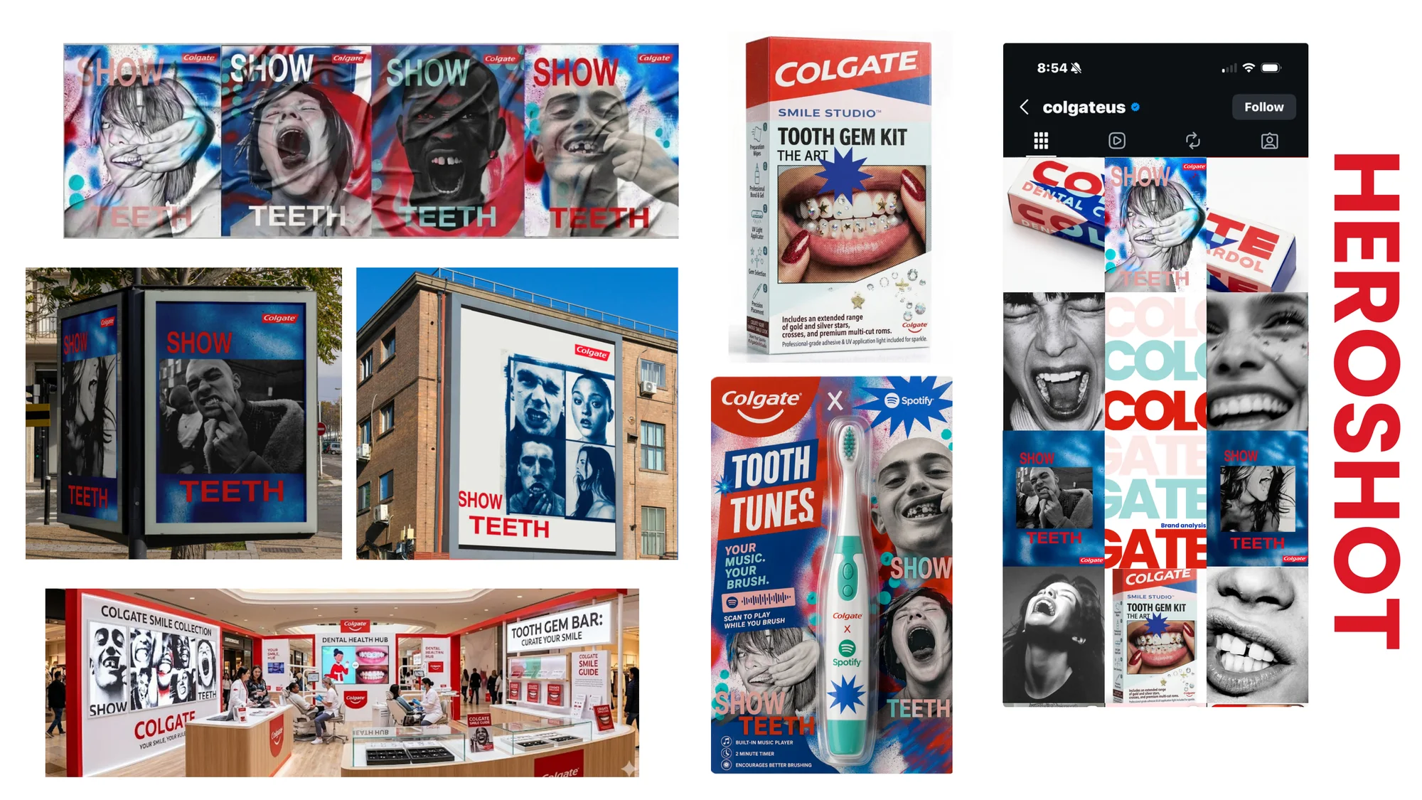 Show Teeth hero shot — the four spray-painted 'SHOW TEETH' posters in red, teal, and blue