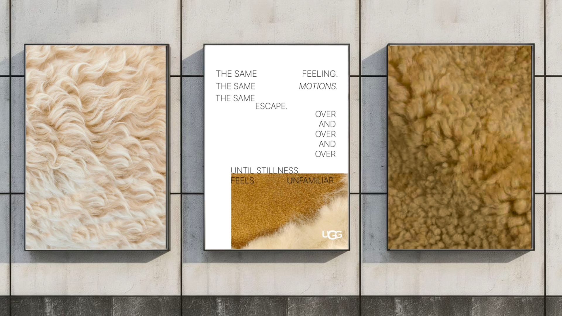 Poster series on a concrete wall — the same feeling, the same motions, the same escape