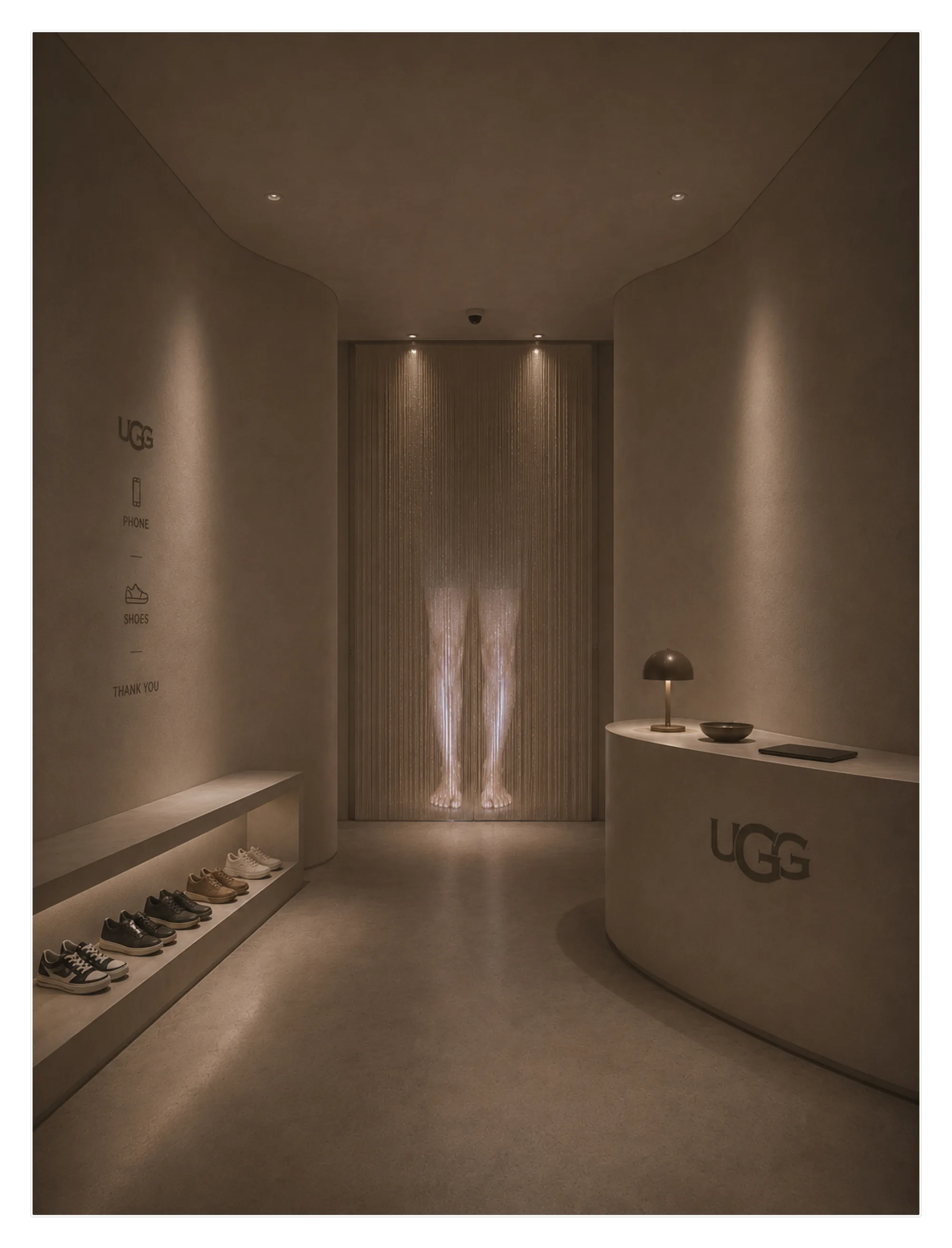 FEEL HOUSE threshold — guests trade their phone for shoes at the UGG entry desk