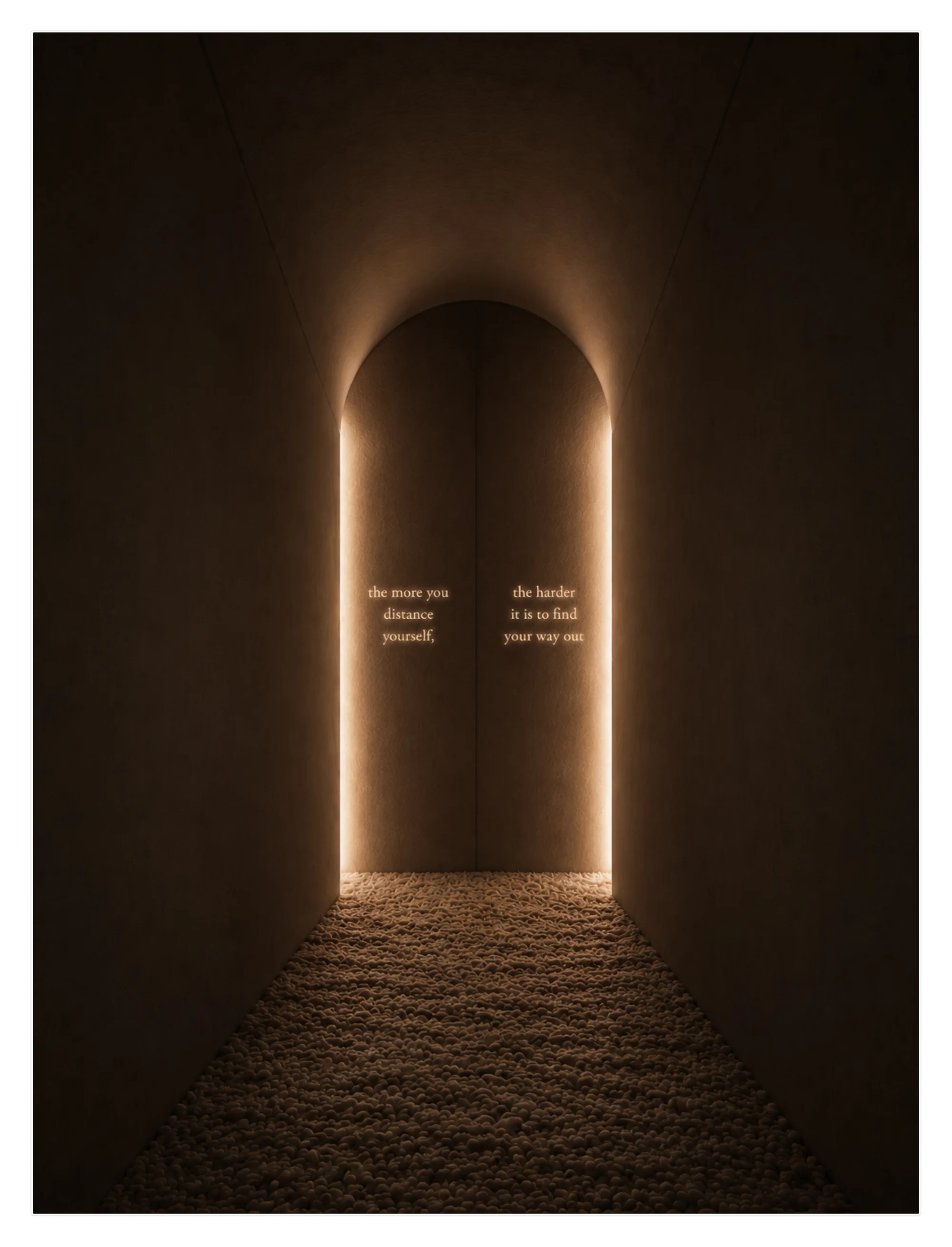 FEEL HOUSE corridor — illuminated archway with the line 'the more you distance yourself, the harder it is to find your way out'