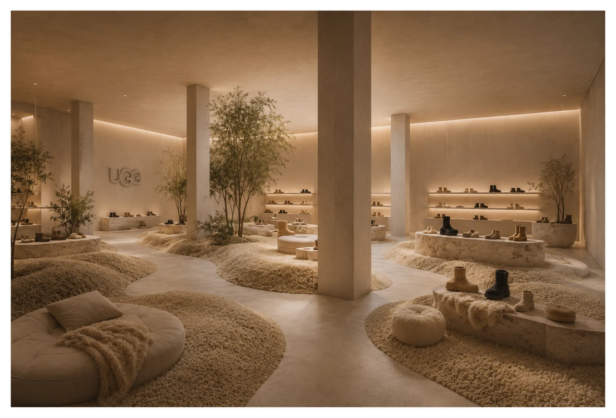 FEEL HOUSE central retail space — wool landscape with UGG footwear on travertine plinths