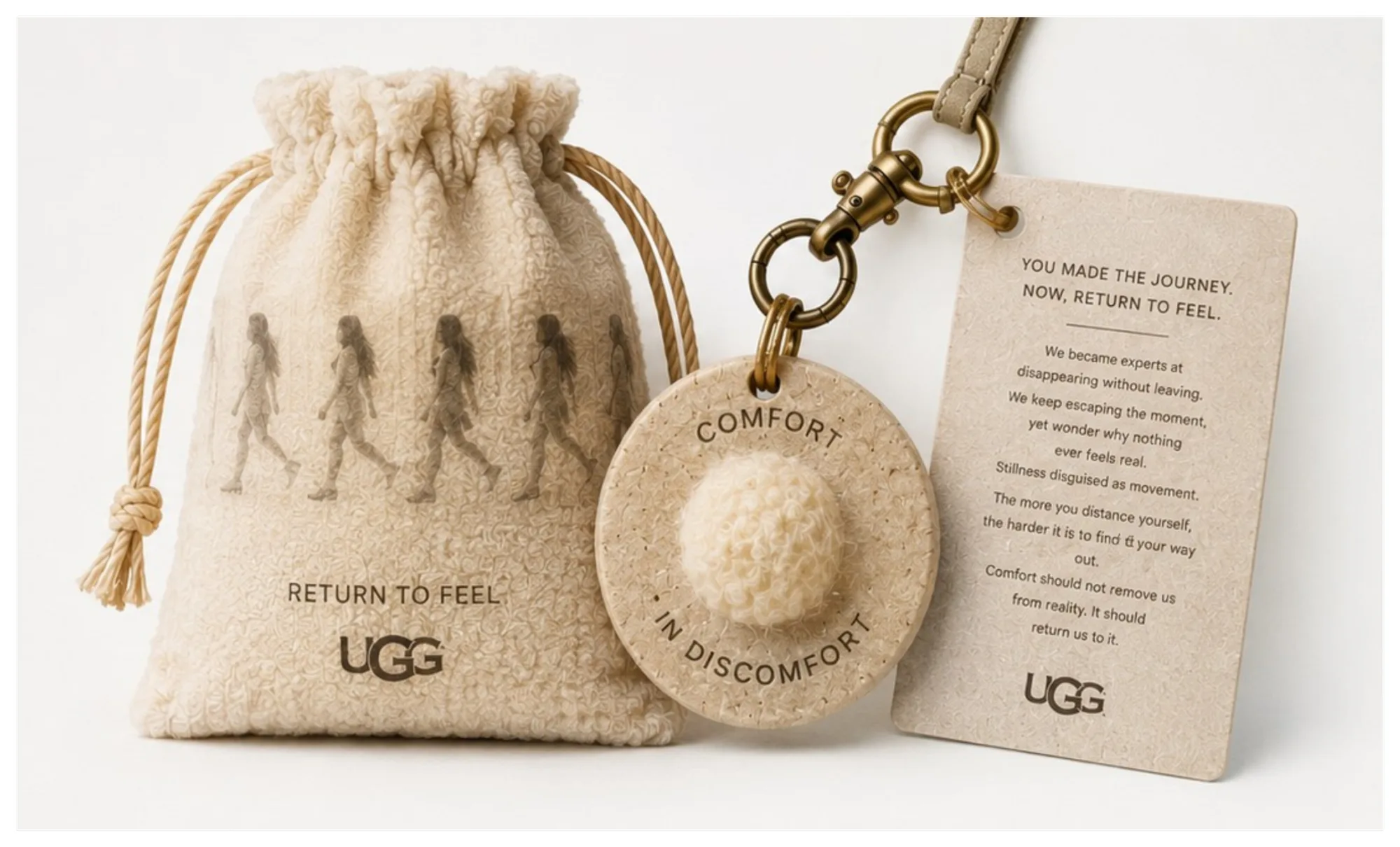 'Return to Feel' keepsake — wool pouch, cast pendant, and a printed reflection card